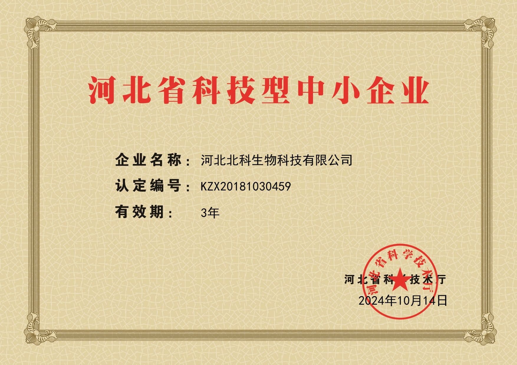 公开展示的2024年科技型中小企业证书图片