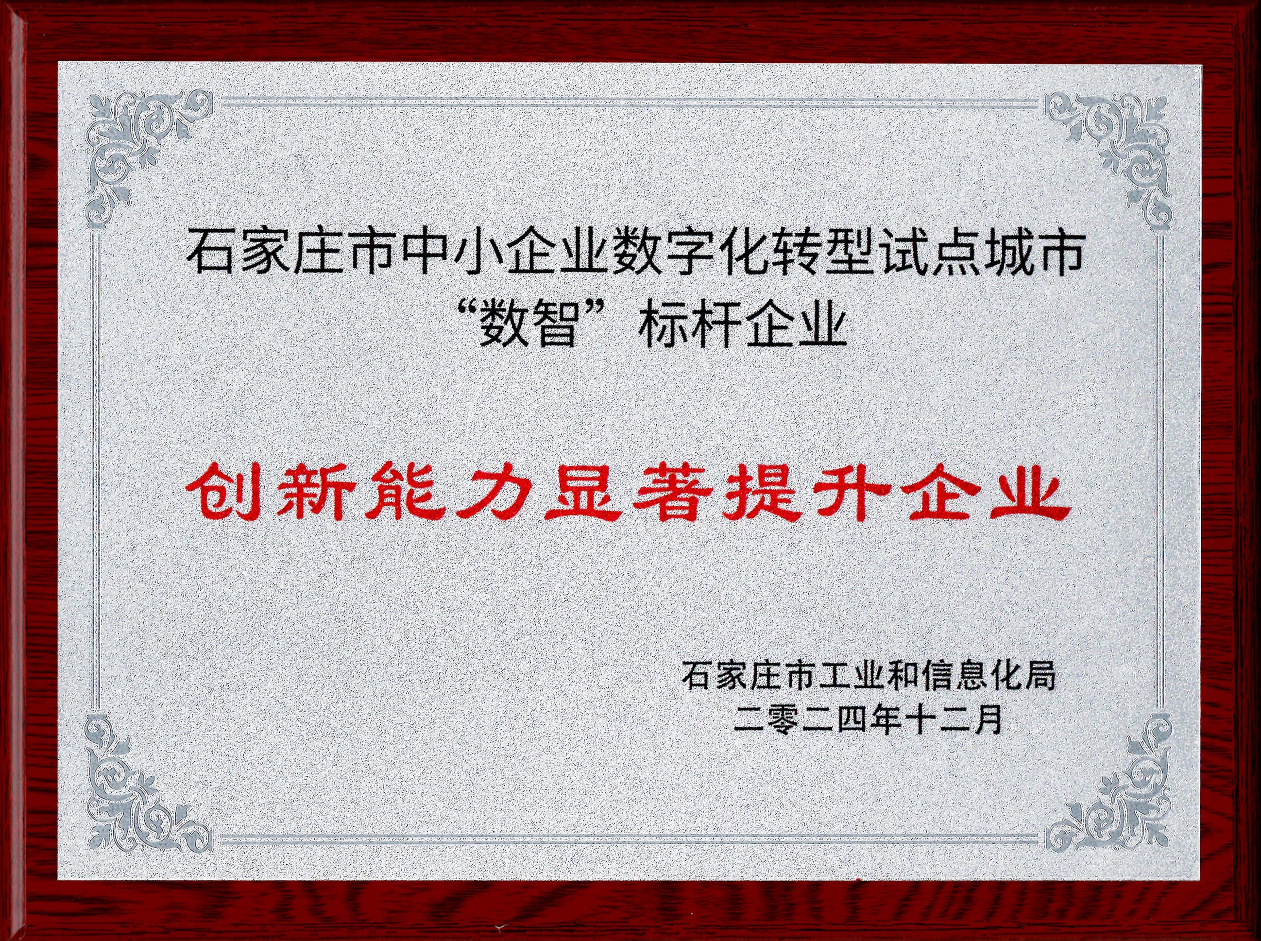 公开展示的石家庄市中小企业数字化转型试点城市数智标杆企业牌匾图片